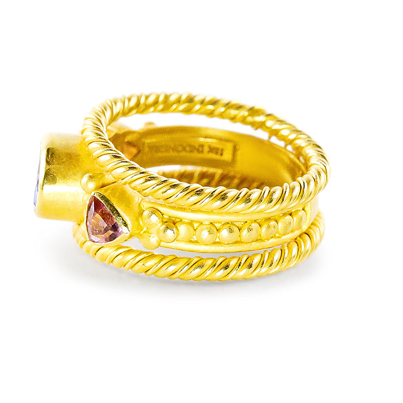 "Trinity Twist" Ring (Tanzanite, Pink Tourmaline, 22k Gold)
