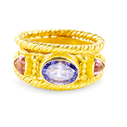 "Trinity Twist" Ring (Tanzanite, Pink Tourmaline, 22k Gold)