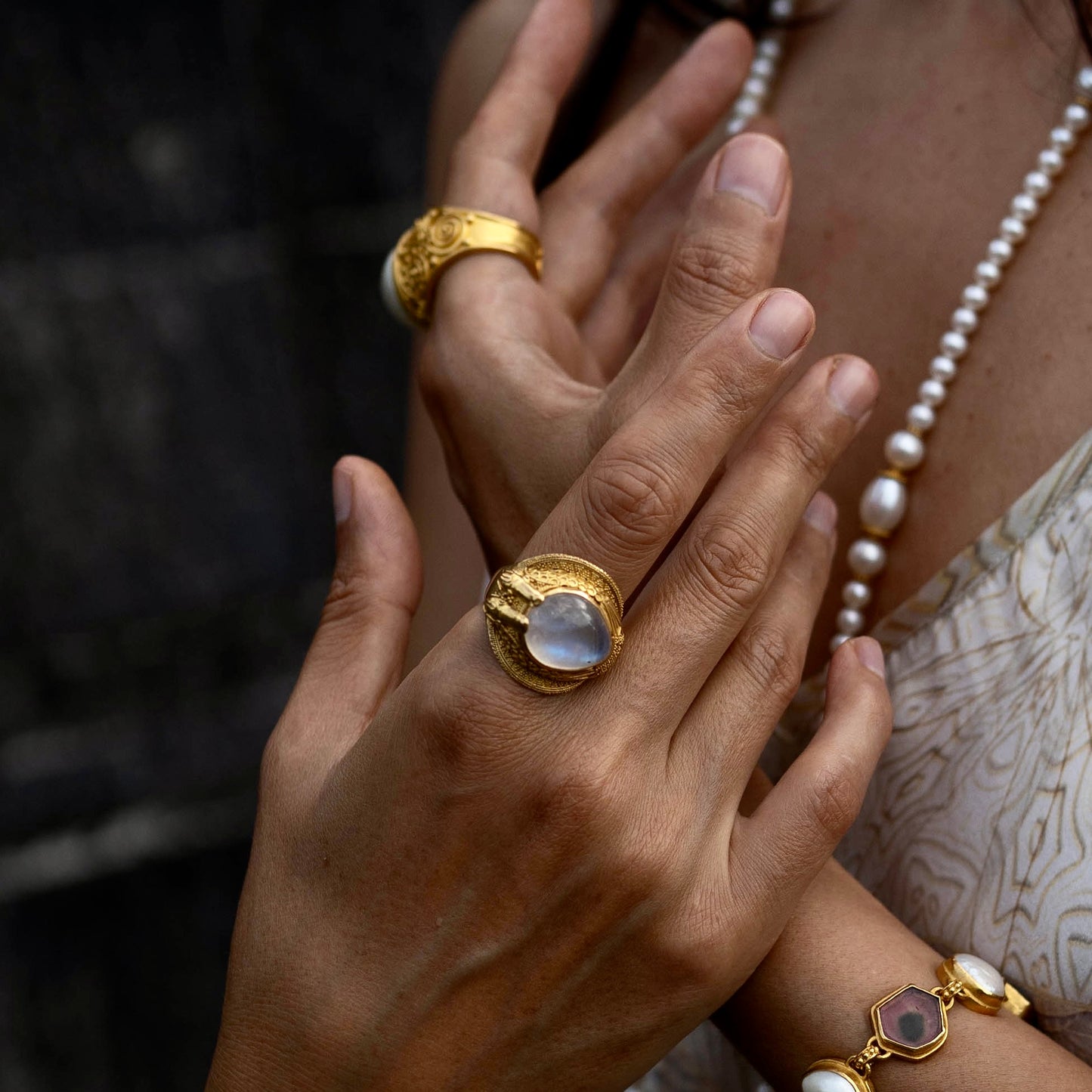 "Ramses" Ring (Rainbow Moonstone, 22k Gold)
